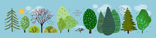 Cute Summer Trees, Vector Isolated Illustration Of Trees, Leaves, Fir Trees, Shrubs, Sun, Snow And Clouds, Elements Of Nature To Create A Landscape