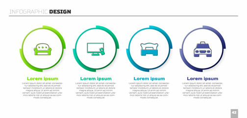 Wall Mural - Set Sofa, Smart Tv, Bedroom and Taxi car. Business infographic template. Vector