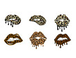 Kissing and biting lips with leopard print collection. Dripping paint. Cheetah design. Isolated vector illustration set.