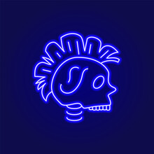 Cyberpunk Skull With Mohawk Outline Icon. Futuristic Robot With Mohawk. Blue Neon Symbol