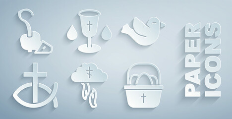 Wall Mural - Set God's helping hand, Dove, Christian fish, Basket with easter eggs, chalice and Magic staff icon. Vector