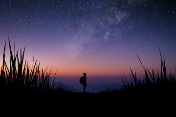 Wall Mural - Silhouette of young traveler with backpack watched beautiful view of night sky, star, milky way alone on meadow over the mountain. He enjoyed traveling and was successful when he reached the summit.