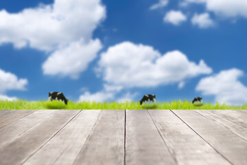 Empty old wooden table in front of blurred background of the rural meadows and cows, mountain, blue sky among bright sunlight on a clear day. Can be used for display or montage for show your products.