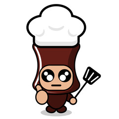 cartoon cute chocolate candy roll mascot costume character holding shoes and wearing chef hat