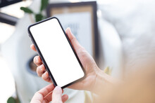 Cell Phone Blank White Screen Mockup.woman Hand Holding Texting Using Mobile On Desk At Office.background Empty Space For Advertise.work People Contact Marketing Business,technology