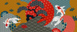 Luxury oriental style background vector. Japanese oriental line art with golden texture. Wallpaper design with Sakura flower, Ocean wave and koi carp fish. Vector illustration.