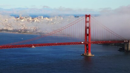 Wall Mural - For rolling over the Golden Gate Bridge with the San Francisco city skyline in the background at dusk. High quality 4k footage