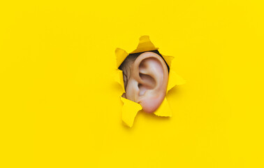 Wall Mural - Close-up of a left woman's ear through a torn hole in yellow paper. The concept of eavesdropping, espionage, gossip, tabloids and the yellow press. Background with copy space.