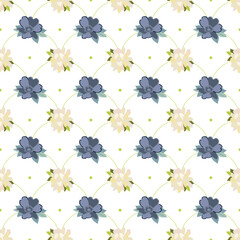 Poster - Summer flowers and leaves pattern seamless. White and blue flowers in linear repeating tile endless ornate backdrop. Beautiful blossom botanical wallpaper. Vector illustration with floral texture
