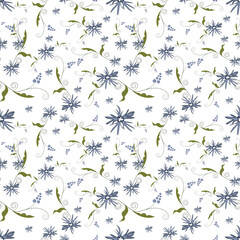 Poster - Summer flowers and leaves pattern seamless. Abstract blue wildflower and curls of peas with leaves endless ornate backdrop. Beautiful botanical wallpaper. Vector illustration with floral texture