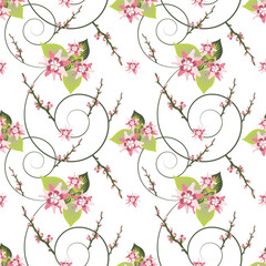 Poster - Summer flowers and leaves pattern seamless. Abstract pink flowers, twigs with buds and curls with leaves endless ornate backdrop. Beautiful botanical wallpaper. Vector illustration with floral texture