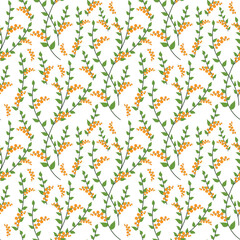 Poster - Summer flowers and leaves pattern seamless. Abstract orange berries on wavy green twigs repeating endless ornate backdrop. Fresh garden botanical wallpaper. Vector illustration with floral texture