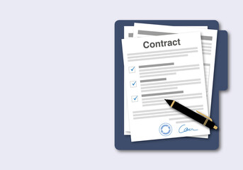 folder of contract papers with approval stamp and contract signing on grey background. illustration 