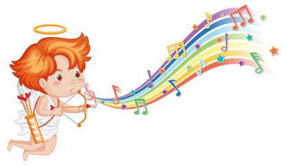 Sticker - Cupid holding bow and arrow with melody symbols on rainbow