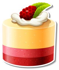 Wall Mural - Three layer cake with raspberry sticker isolated on white background