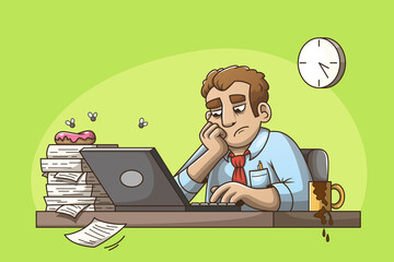 Man sits at work annoyed or bored. Dirty workplace with spilled coffee, old bagel and flies. Vector illustration in modern comic style.