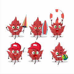 Sticker - Happy Face red autumn leaf cartoon character playing on a beach