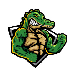 angry muscular alligator bodybuilder, vector, logo, cartoon, mascot, character