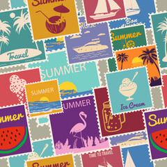 Postage stamps seamless pattern Summer vacation. Retro background signs travel exotic tour. Vector illustration background vintage style