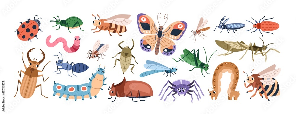 Cute cartoon insect characters set. Funny happy small bugs, butterflies, caterpillars, grasshoppers, beetles, worms, bees and ants. Childish flat vector illustrations isolated on white background - obrazy, fototapety, plakaty 