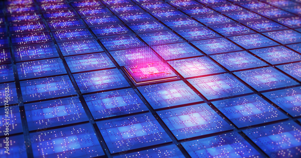 High Tech Computer Chips Processors Transmitting Data. Futuristic Technology. Electrical Signals Flowing. Computer And Technology Related 3D Illustration Render.