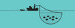 Vector illustration of a seiner fishing. A fishing vessel, a purse-seine boat, a net, ocean and fish drawing in back over blue background.