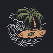 © Galih - vintage design beach with coconut tree and waves vintage illustration