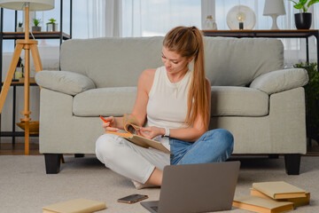 Wall Mural - portrait of young woman with laptop. freelancer working