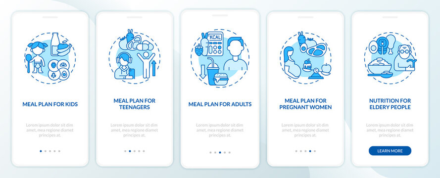 Meal plan for different age groups blue onboarding mobile app page screen. Walkthrough 5 steps graphic instructions with concepts. UI, UX, GUI vector template with linear color illustrations