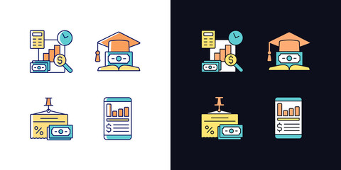 Sticker - Investment light and dark theme RGB color icons set. Education loan. Money management. Financial literacy. Isolated vector illustrations on white and black space. Simple filled line drawings pack