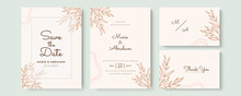 Elegant Wedding Invitation Card Leaves. Minimalist Wedding Invitation Card Template Design, Floral Black Line Art Ink Drawing With Square Frame On Light Grey, Brown, Pink, Blue