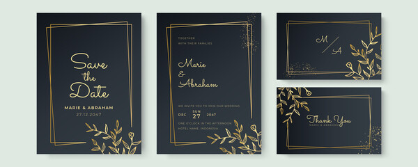 Wedding invitation cards with minimal black texture background and gold geometric floral line design vector. Black Set Card Wedding Invitation, floral invite thank you, rsvp modern card Design