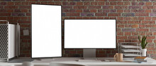 Modern Contemporary Workspace With Two Computer Monitor Blank Screen Mockup