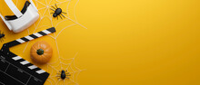 VR Movie Theatre Banner In Halloween Theme, Pumpkin, Spiders, Copy Space On Yellow Background