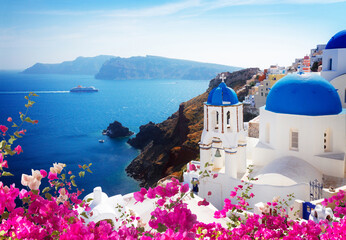 view of caldera with blue domes, Santorini