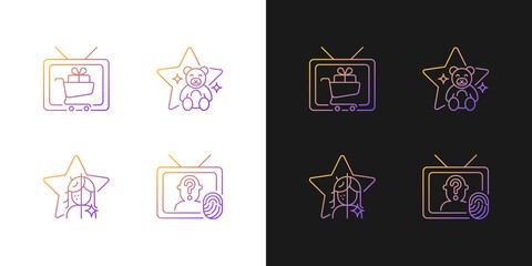 Poster - Television gradient icons set for dark and light mode. Shopping show. Children animation. Thin line contour symbols bundle. Isolated vector outline illustrations collection on black and white