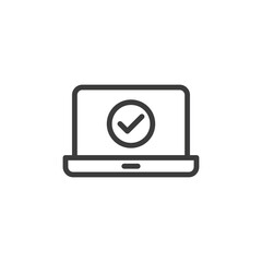 Laptop with check mark icon. Approved payment or transaction.
