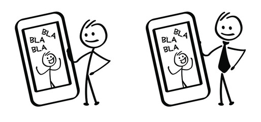 Sticker - phone call, stickman figures say bla bla bla. Vector cartoon stick figures. Drawi business manager stick man and mobile phone, talking says hello.