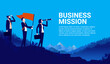Business mission - Proud and determined businesspeople standing on hilltop in epic landscape raising flag on searching for success. Vector illustration