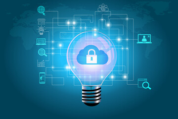 Canvas Print - Glowing light bulb with creative new idea. padlock icon and solution concepts. security networking concept