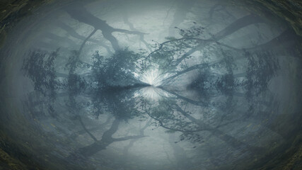 Wall Mural - A spooky nightmare forest. On a foggy, winters day. With an abstract dream like tunnel edit.