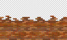 Broken Brick Wall With Transparent Background, Horizontal View. Vector Illustration Of Destroyed Red Brick Wall