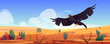 Black eagle over desert landscape, falcon or hawk