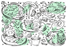 Hand Drawn Vector Line Illustration Food On White Board. Doodle British Cuisine: Fish And Chips, English Breakfast, Faggots, Cornish Pasty, Toad In The Hole, Tea, Scotch Egg, Grilled Sausages