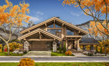 3d Rendering Of Modern Cozy Chalet With Pool And Parking For Sale Or Rent. Beautiful Forest Mountains On Background. Massive Timber Beams Columns. Clear Sunny Autumn Day With Golden Leaves Anywhere.