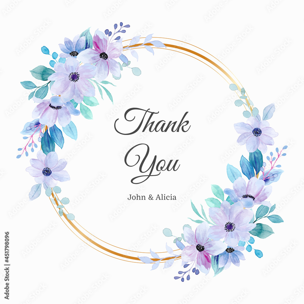 Thank you card with soft purple floral wreath watercolor Stock Vector ...