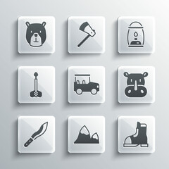 Canvas Print - Set Mountains, Hunter boots, Rhinoceros, Safari car, Machete, Arrow, Bear head and Camping lantern icon. Vector