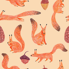 Wall Mural - Pencil drawn seamless pattern with squirrels