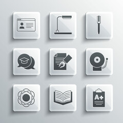 Sticker - Set Open book, Exam sheet with A plus grade, Ringing alarm bell, and pencil, Atom, Graduation cap speech bubble, Online class and Pen icon. Vector