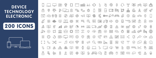 Wall Mural - big set of 200 technology and electronics and devices web icons in line style. device, phone, laptop